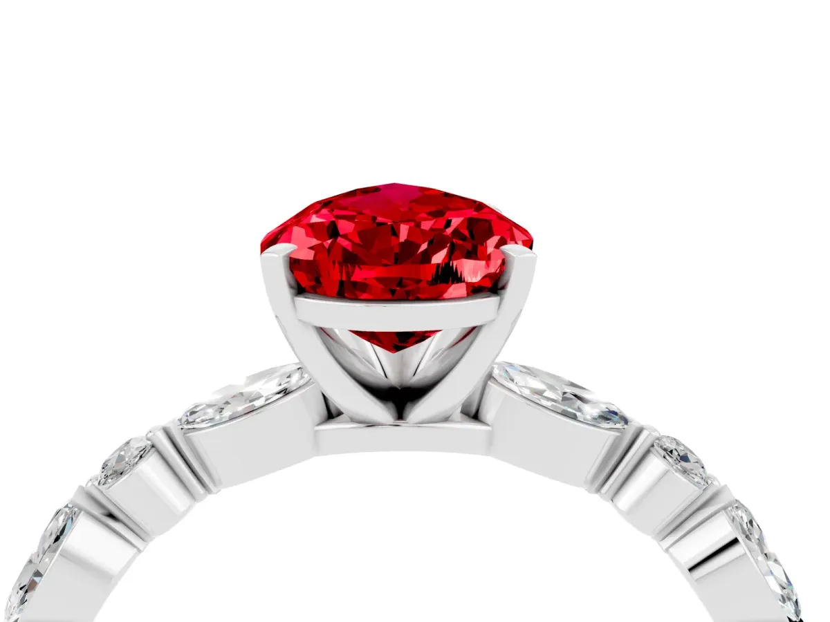 Pear Cut Ruby Ring with Marquise and Round Side Stones and Four-Prong Setting Silver