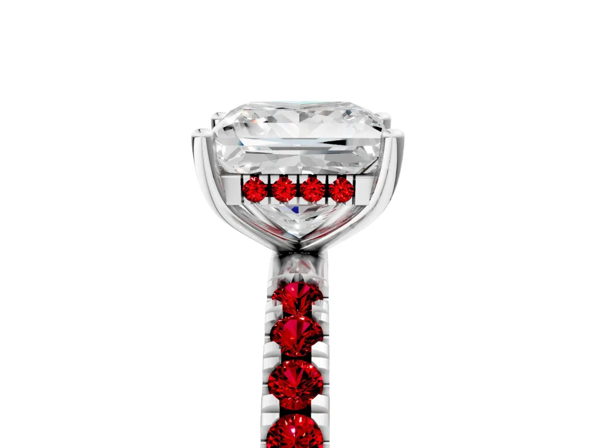 Princess Cut Diamond Pave Band Solitaire Ring with Round Ruby and Prong Setting Platinum