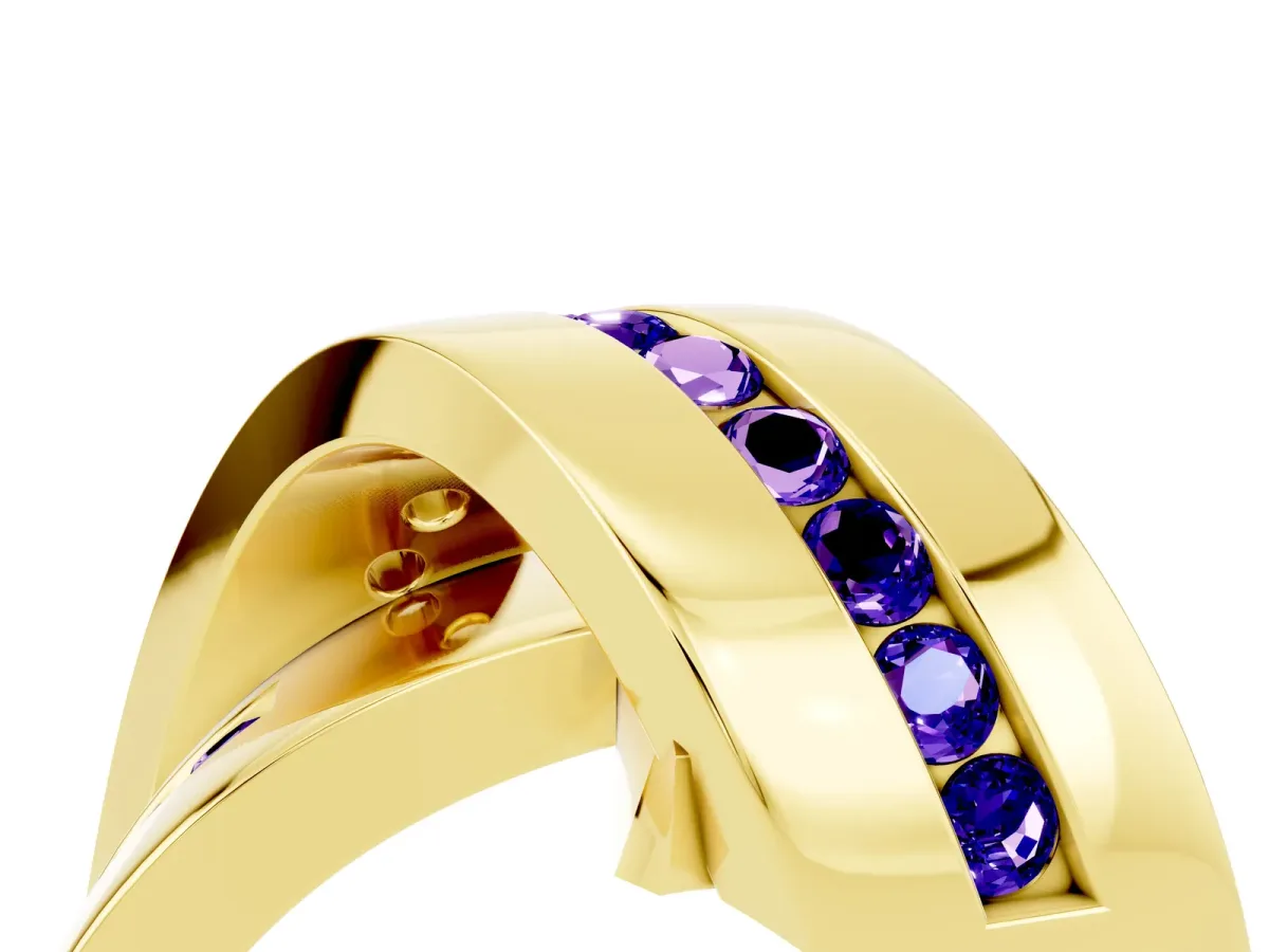 Pavé Round Tanzanite Crossover Band with Channel Setting Yellow gold