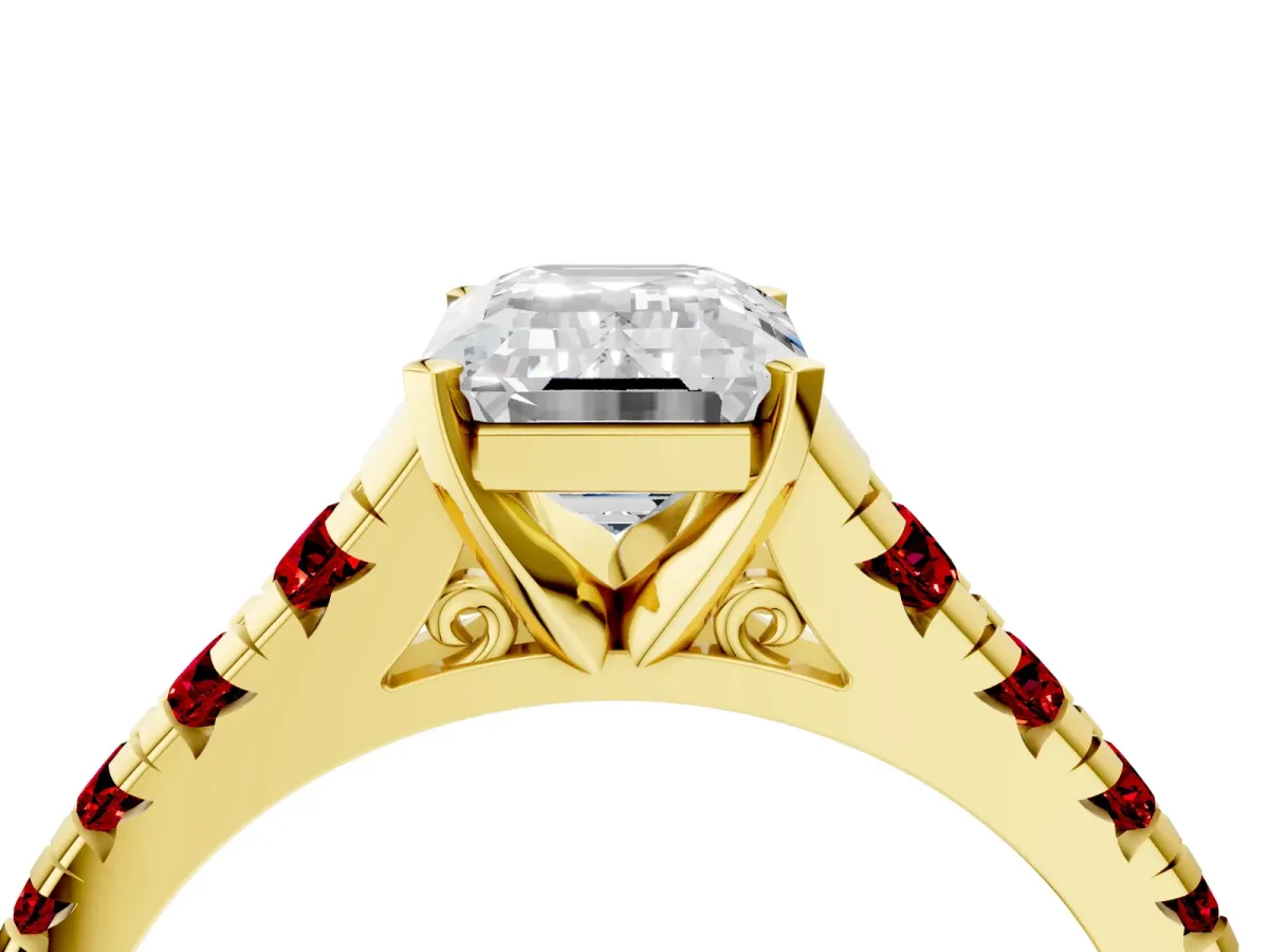 Emerald Cut Diamond Cathedral Solitaire Ring with Round Ruby Pavé Band Yellow gold