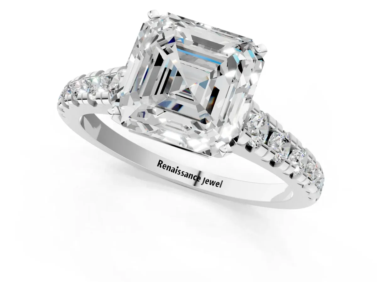 Asscher Cut Diamond Cathedral Solitaire Ring with Round Pavé Band Silver