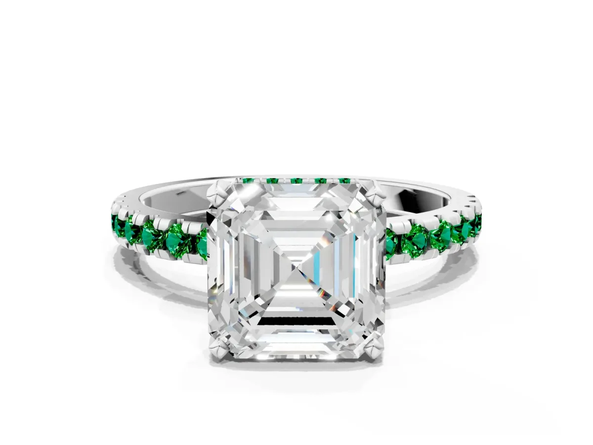 Asscher Cut Diamond Solitaire Ring with Round Emerald Pavé Band and Four-Prong Setting Silver