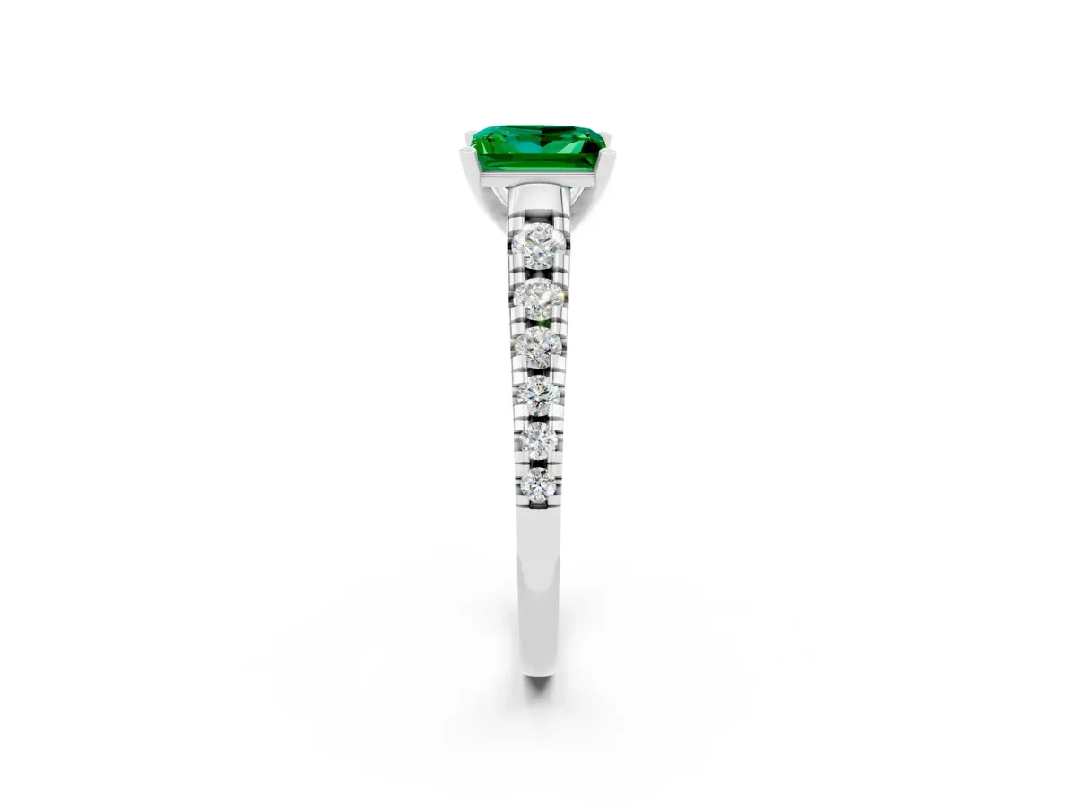 Princess Cut Emerald Cathedral Solitaire Ring with Round Pavé Band Platinum