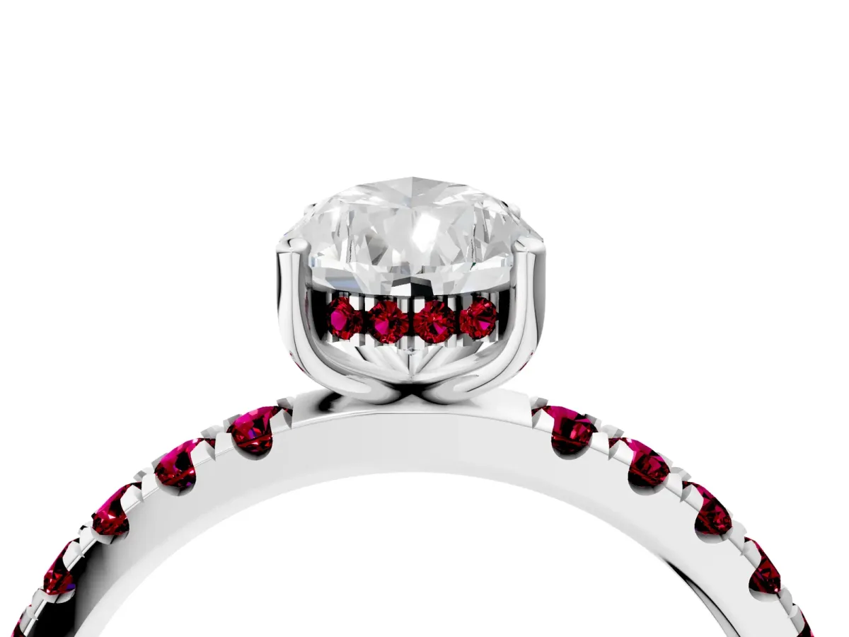 Pear Cut Diamond Pave Band Solitaire Ring with Round Garnet and Prong Setting Silver