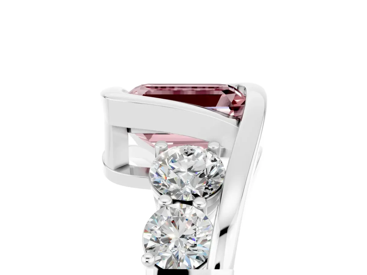 Bezel Set Emerald Cut Morganite Bypass Ring with Round Accents Platinum