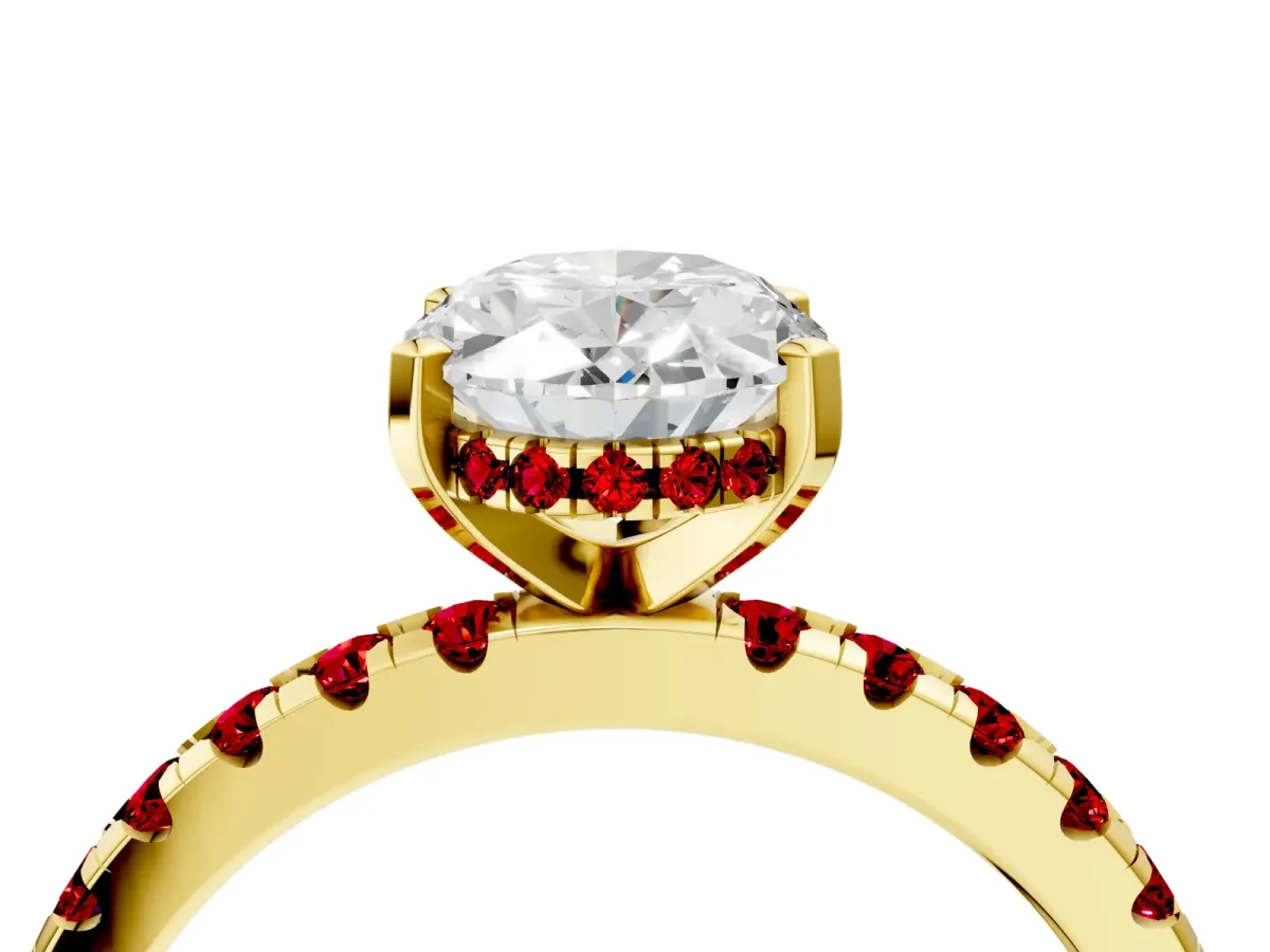 Oval Cut Diamond Solitaire Ring with Round Ruby Pavé Band and Four-Prong Setting Yellow gold