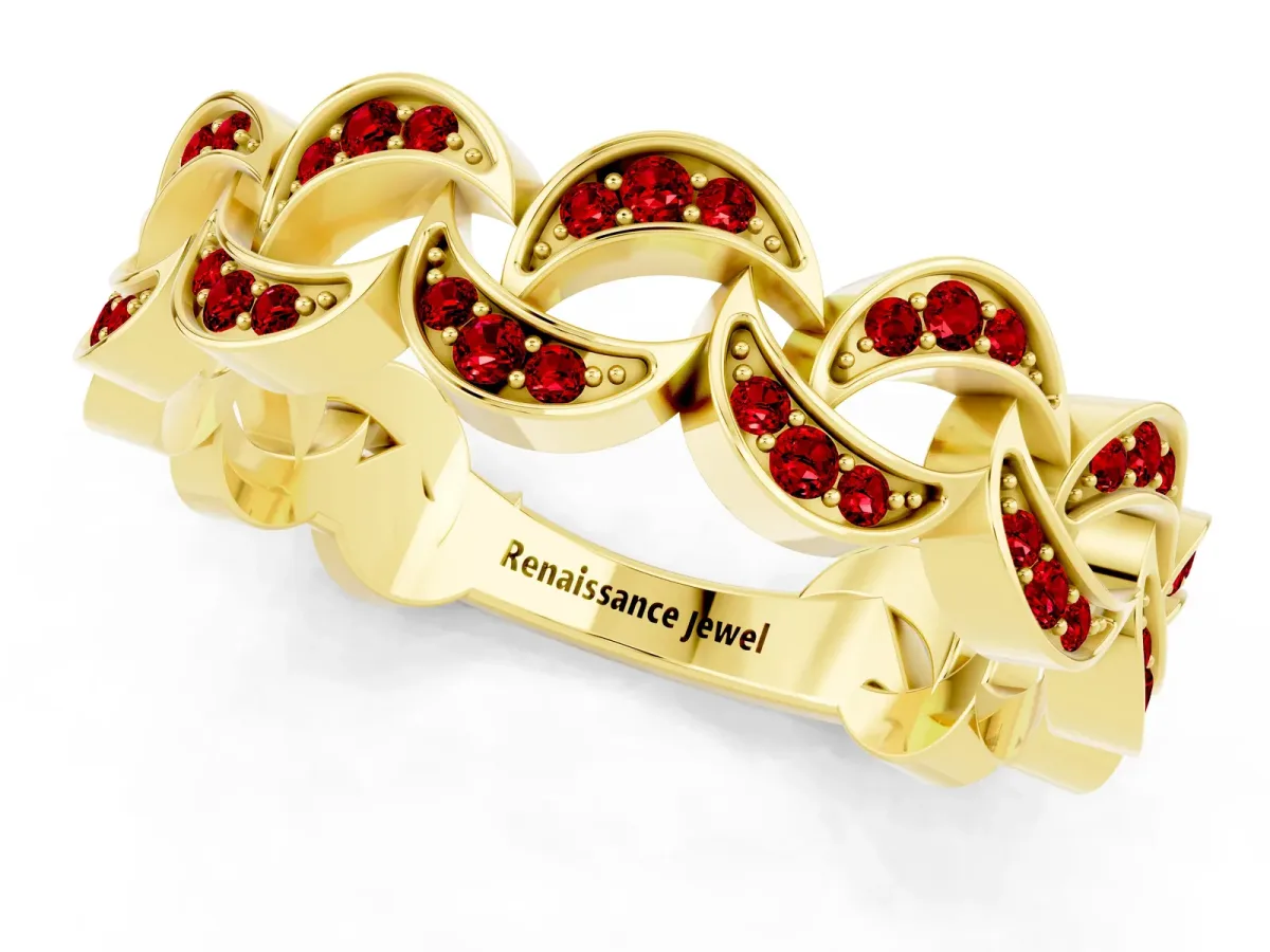 Pavé Round Ruby Interlocking Eternity Band with Bezel Prong Setting Yellow gold