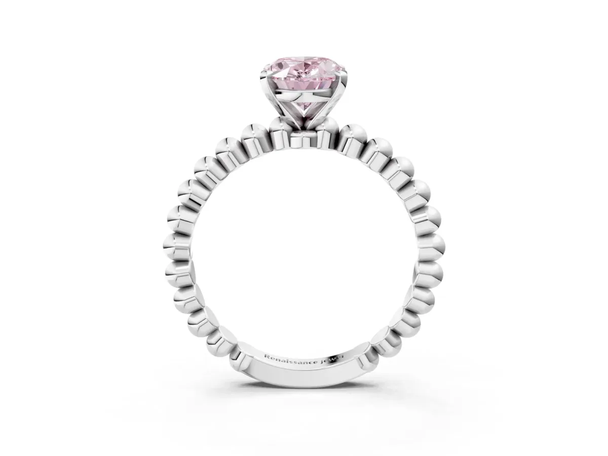 Fancy Pink Oval Cut Diamond Solitaire Ring with Beaded Band and Prong Setting White gold