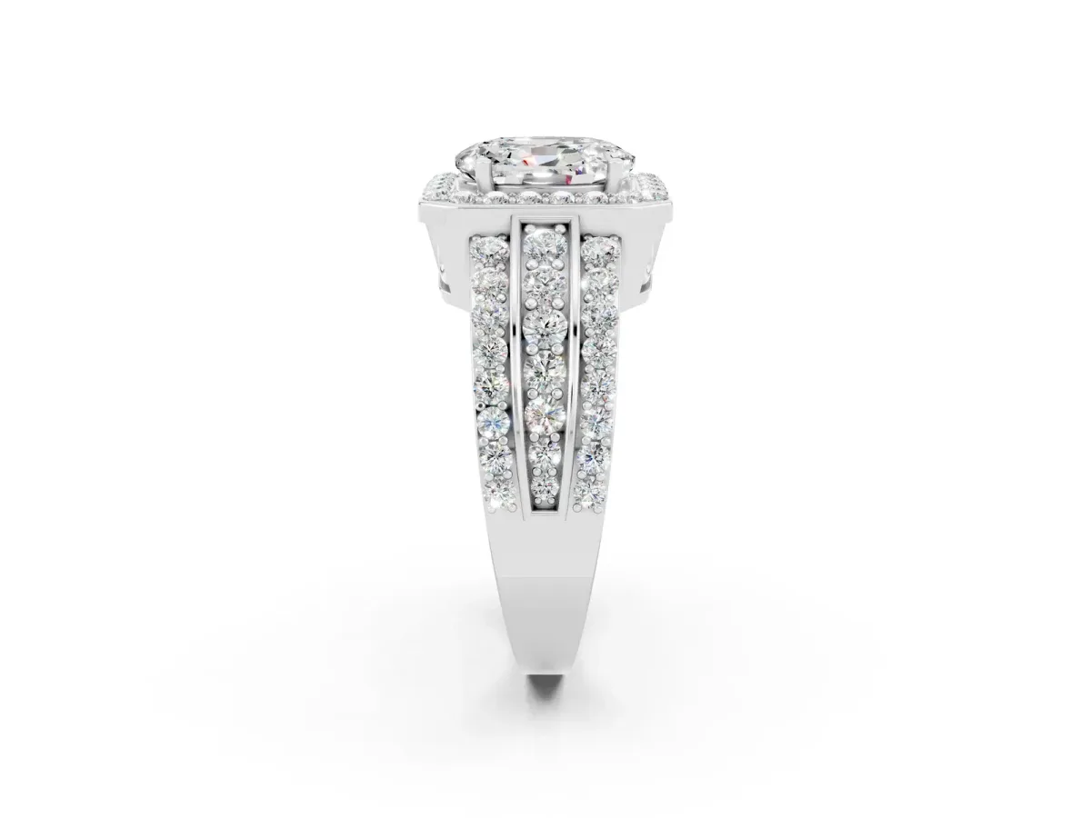 Oval Cut Halo Moissanite Ring with Round Split Shank and Prong Setting Silver