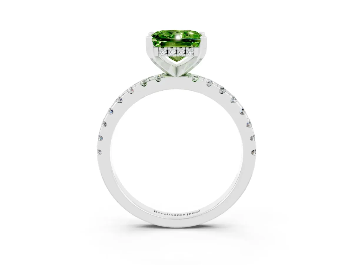 Princess Cut Peridot Solitaire Ring with Round Pavé Band and Four-Prong Setting Silver