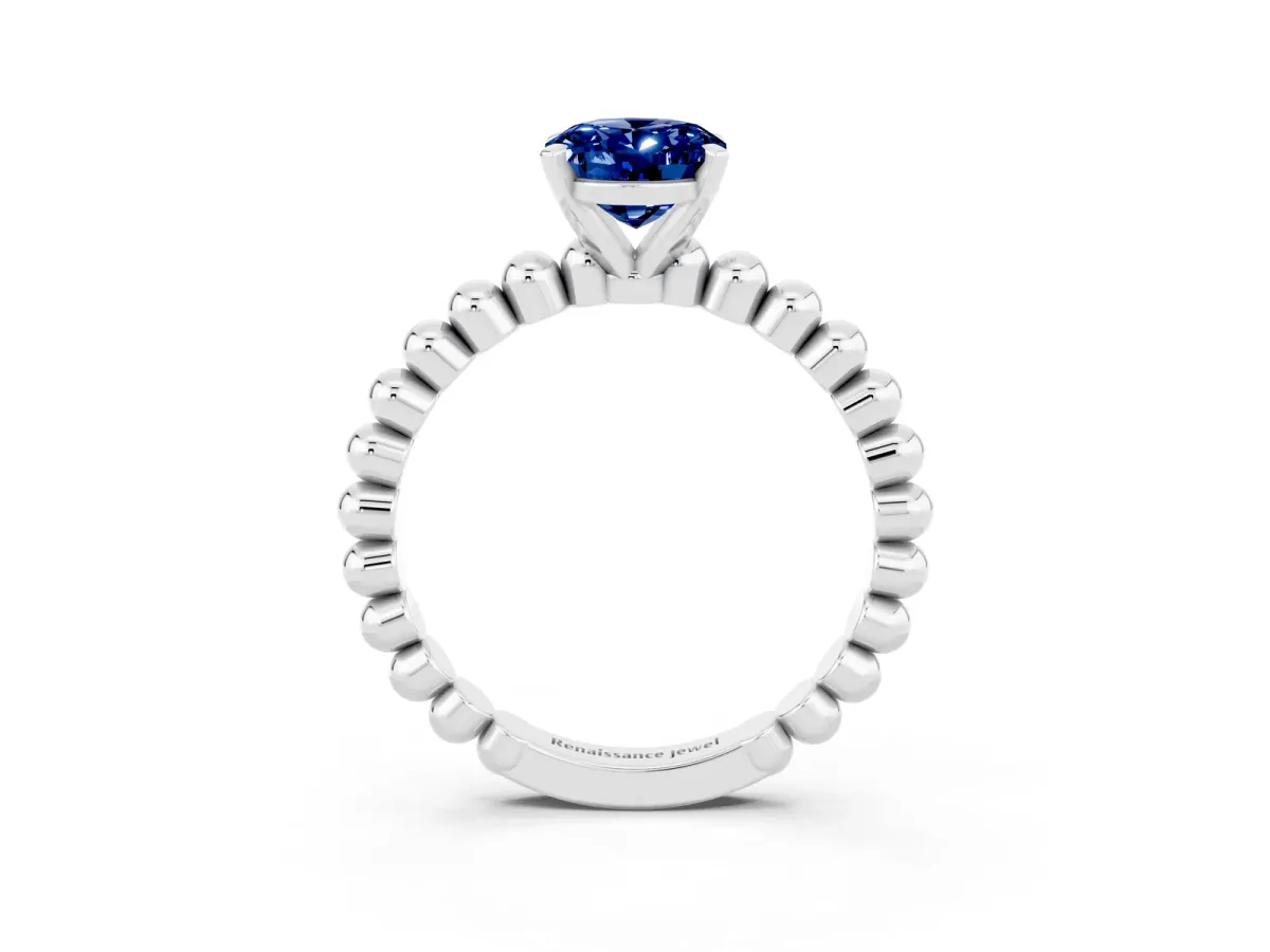 Oval Cut Blue Sapphire Solitaire Ring with Beaded Band and Prong Setting White gold