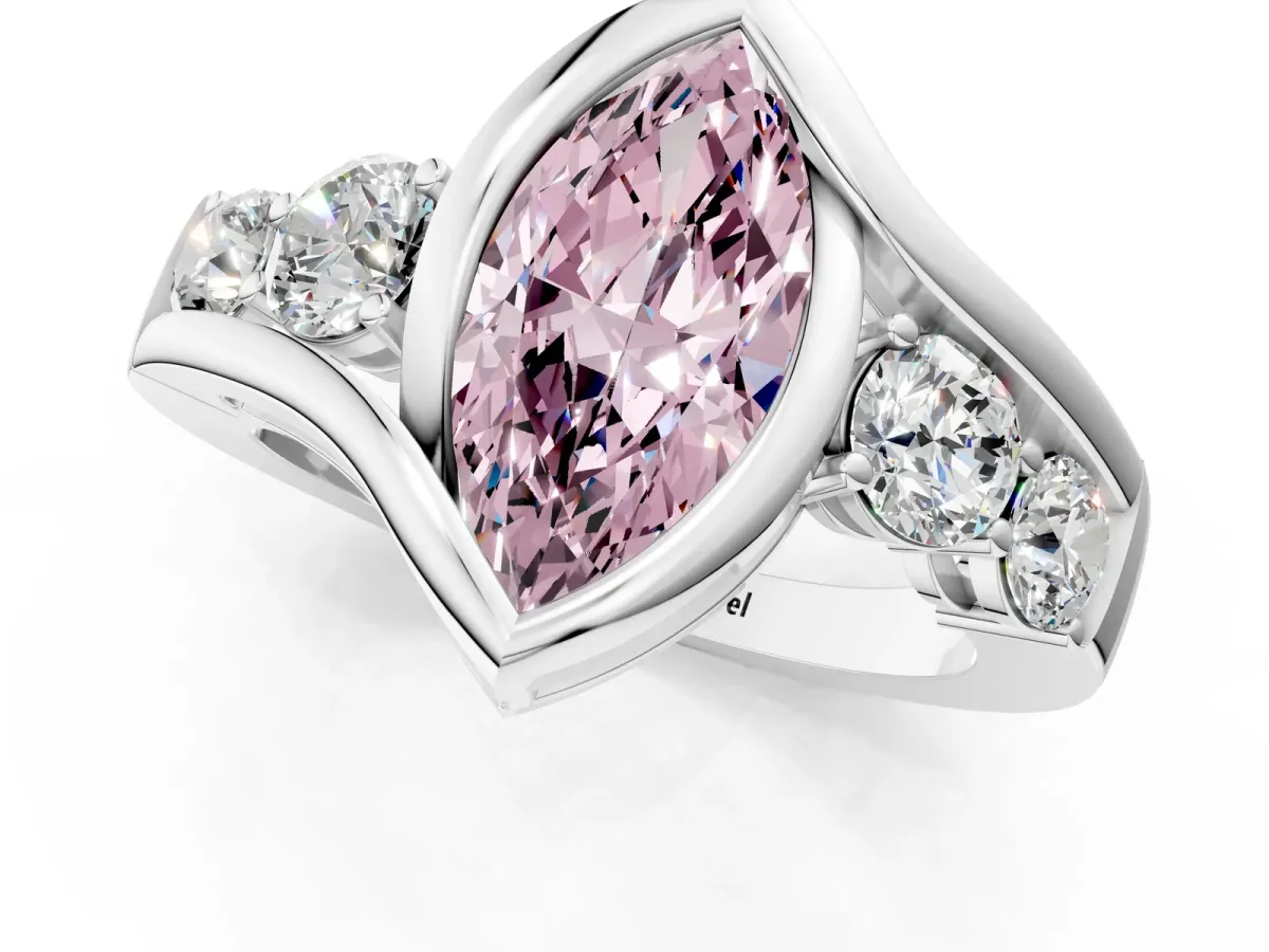 Fancy Pink Bezel Set Marquise Cut Diamond Bypass Ring with Round Accents Silver