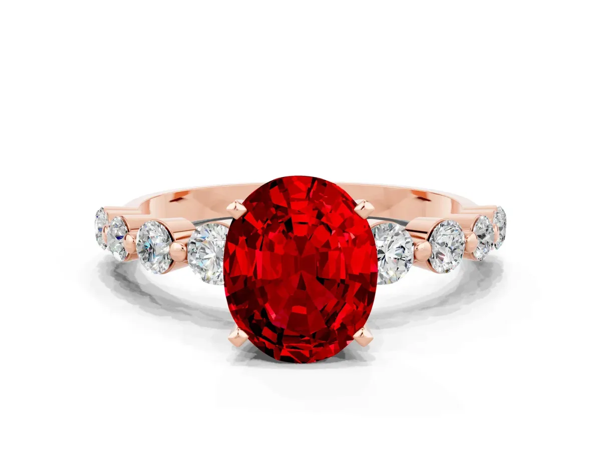 Oval Cut Solitaire Ruby Ring with Pave Band and Four-Prong Setting Rose gold