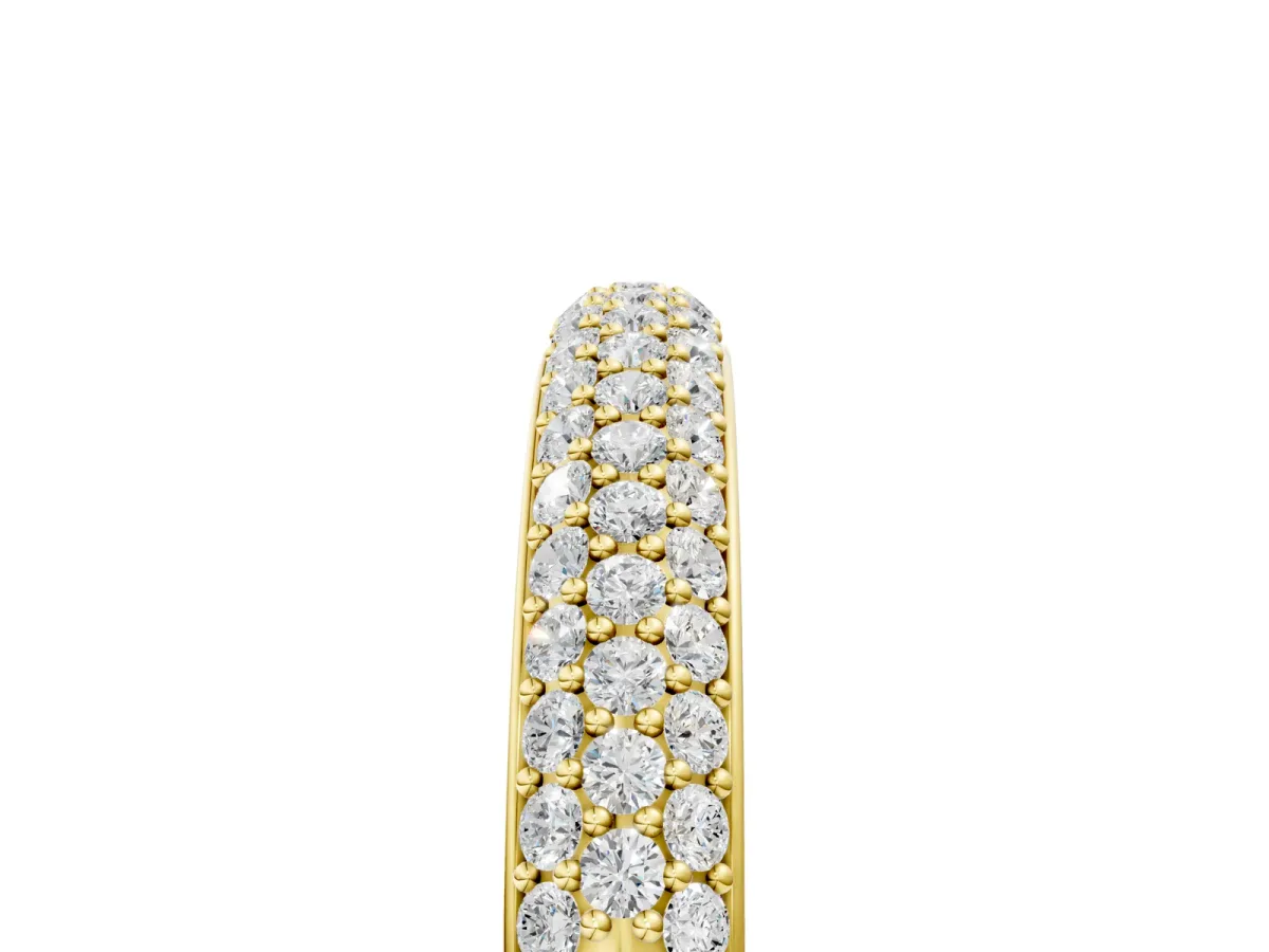 Three-Row Pave Round Diamond Eternity Band with Shared Prong Setting Yellow gold
