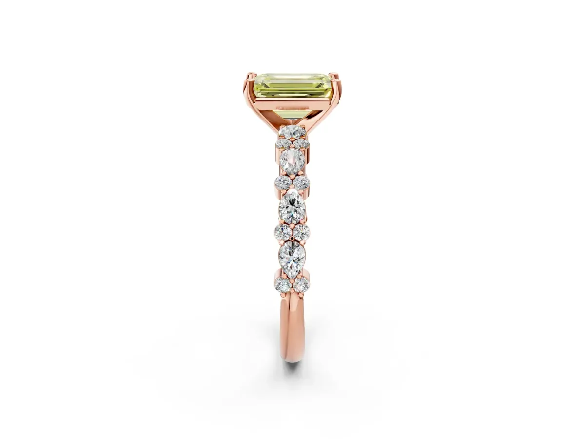 Fancy Yellow Emerald Cut Diamond Side Stone Solitaire Ring with Round and Four-Prong Setting Rose gold