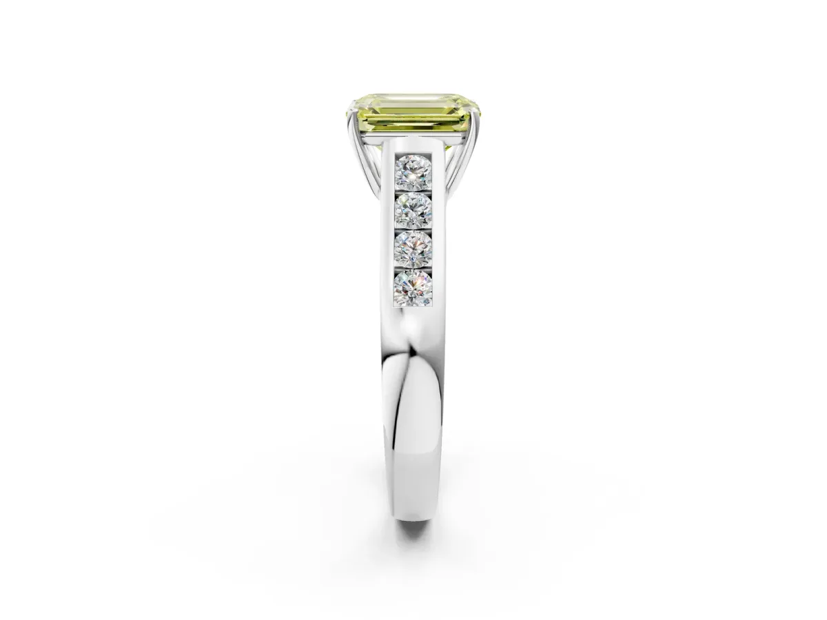 Fancy Yellow Emerald Cut Brilliant Channel-Set Solitaire Ring with Four-Prong Setting White gold