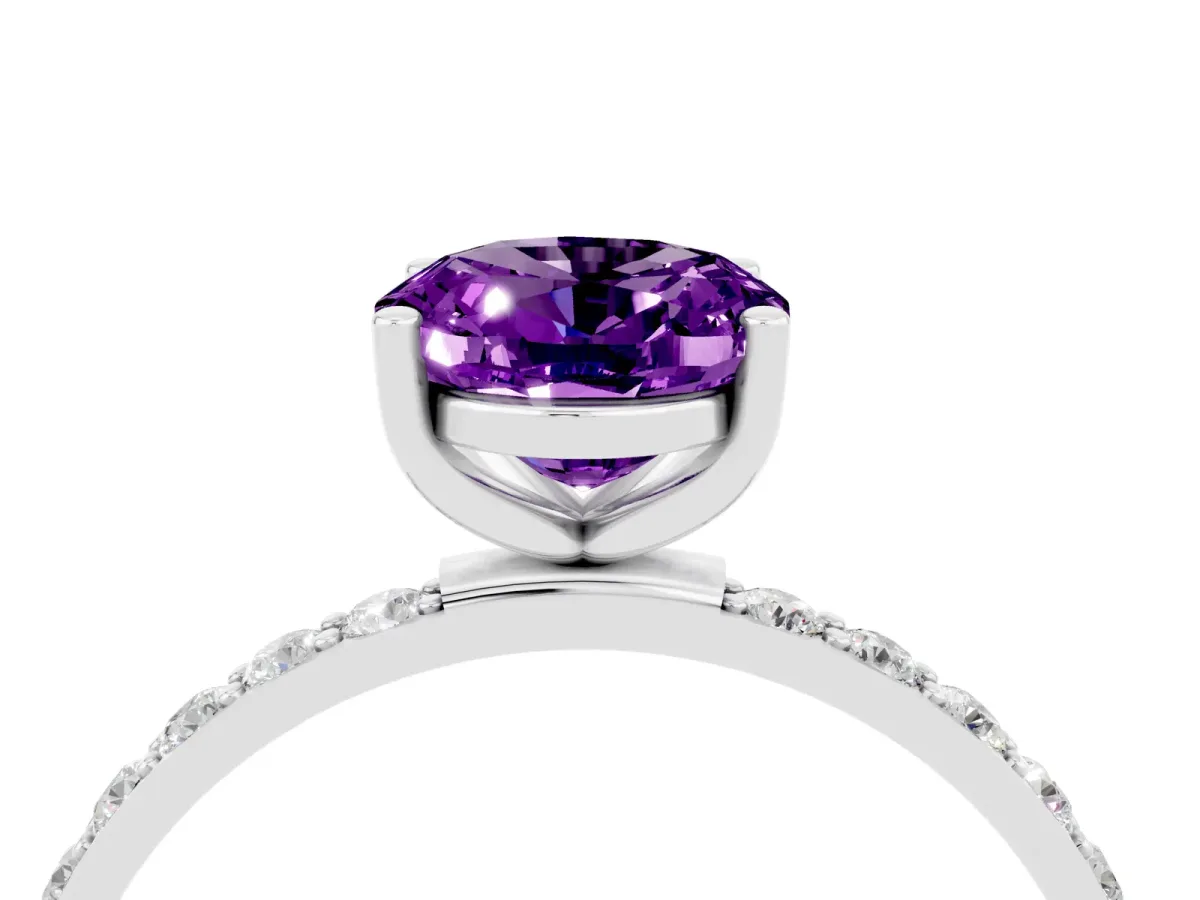 Oval Cut Amethyst Solitaire Ring with Round Pavé Band and Prong Setting Platinum