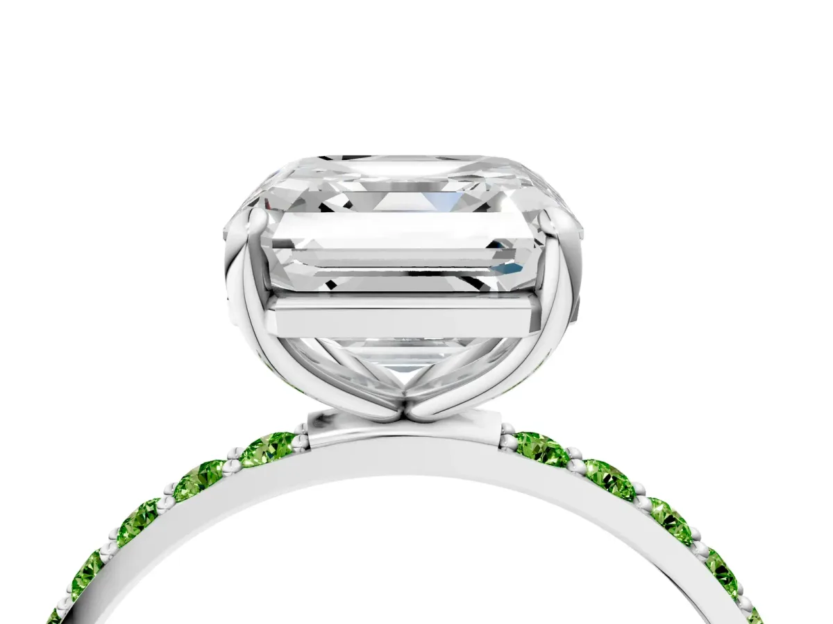 Asscher Cut Diamond Solitaire Ring with Round Peridot Pavé Band and Prong Setting Silver