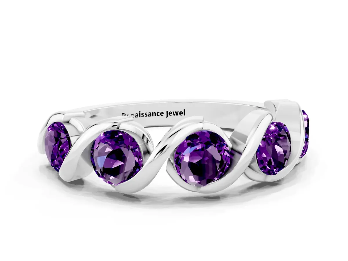 Round Amethyst Wave Band with Channel Setting and Shared Prongs Platinum