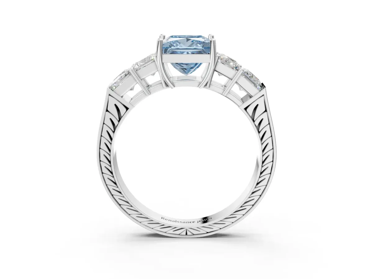 Fancy Blue Princess Cut Solitaire Princess Side Stone Engraved Band Prong Setting Ring Platinum