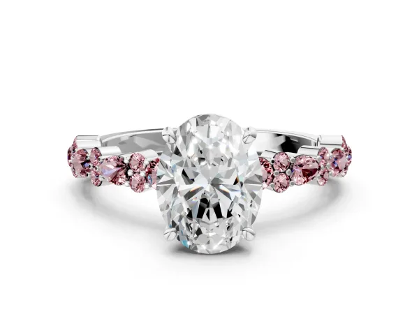 Oval Cut Diamond Side Stone Solitaire Ring with Round Morganite and Four-Prong Setting White gold