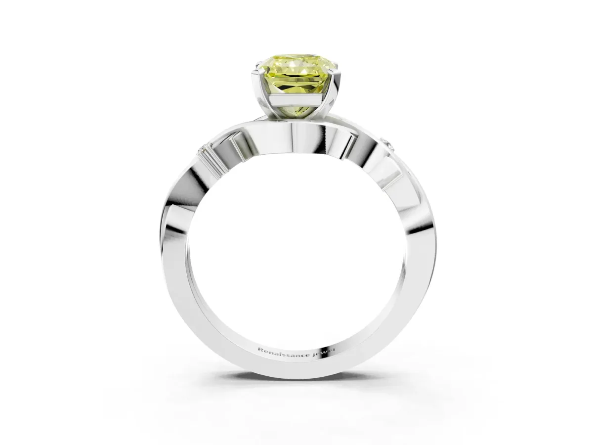 Fancy Yellow Radiant Cut Diamond Solitaire Ring with Twisted Band and Prong Setting Silver