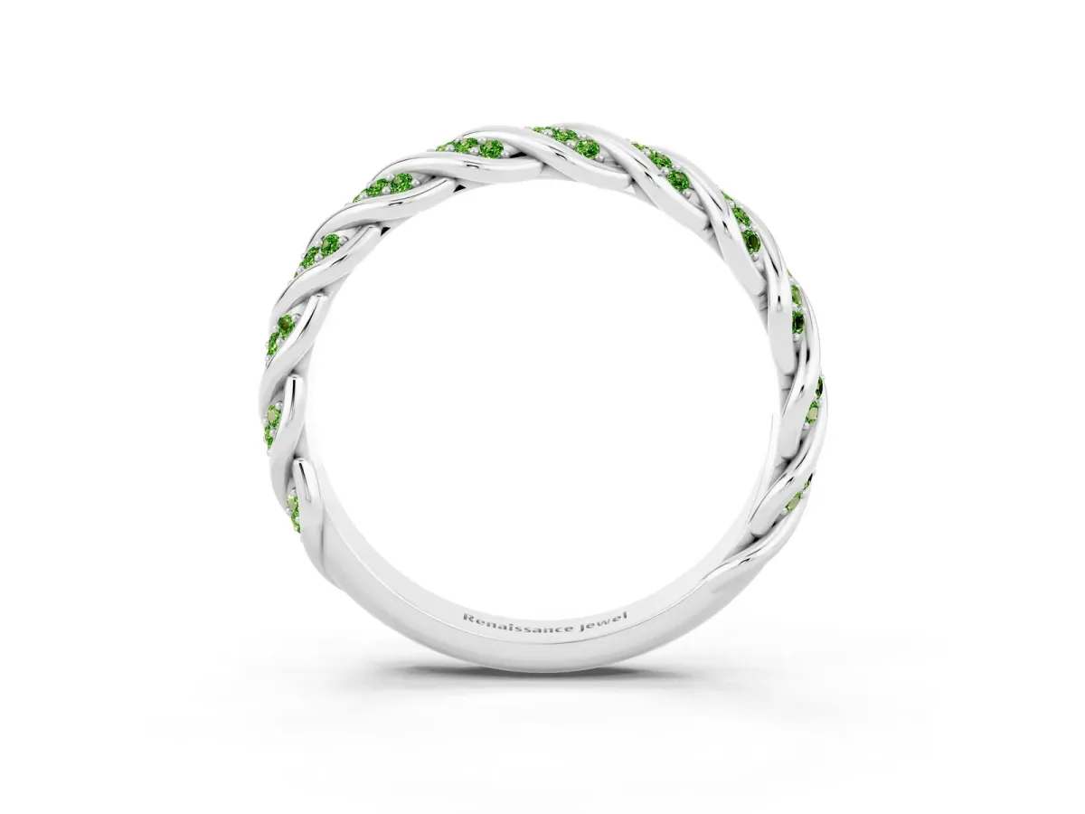 Twisted Pavé Round Peridot Eternity Band with Shared Prong Setting Platinum
