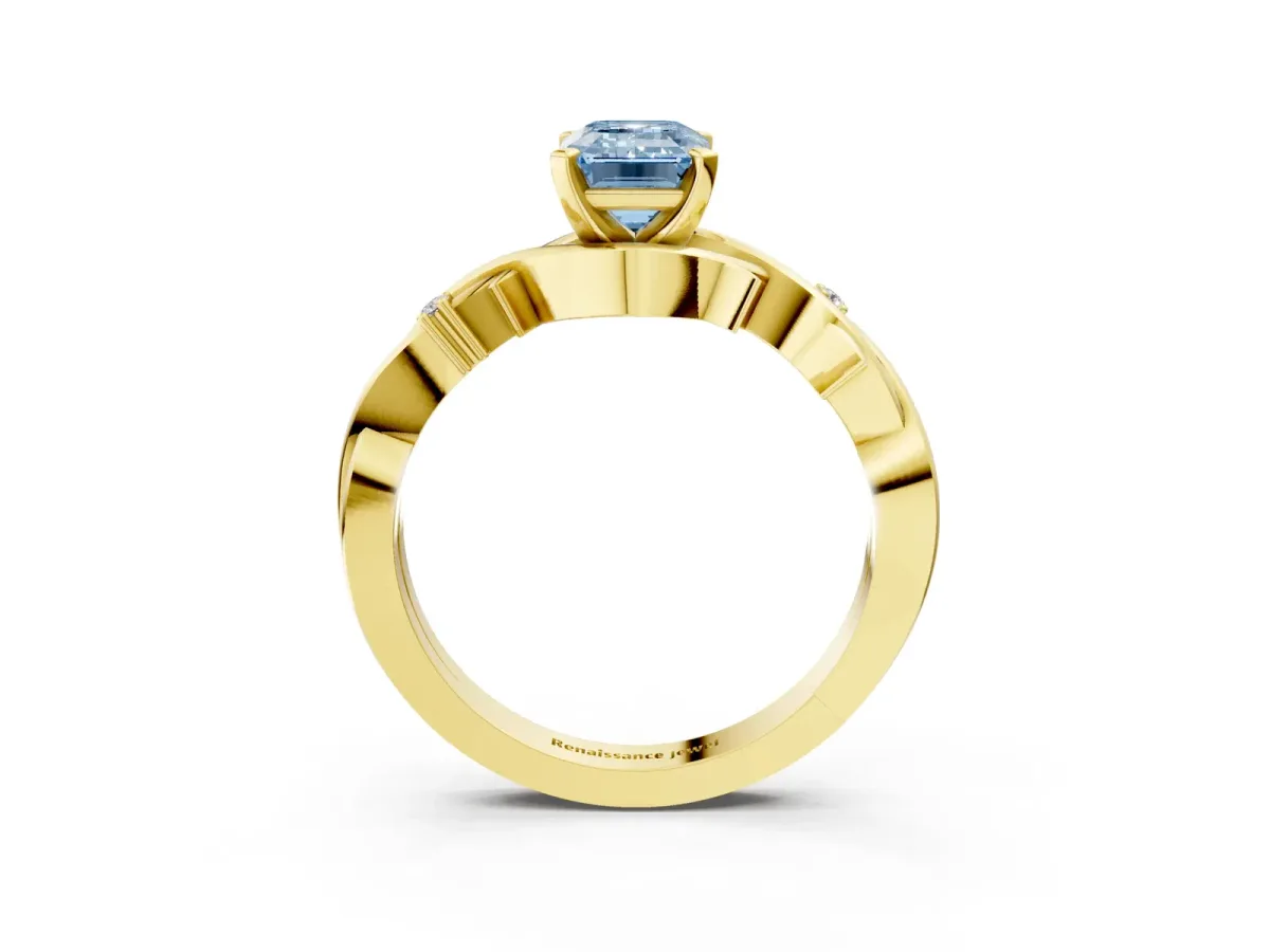 Fancy Blue Emerald Cut Diamond Solitaire Ring with Twisted Band and Prong Setting Yellow gold