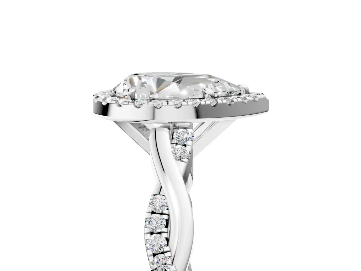 Pear Cut Cut Halo Twisted Band Four-Prong Ring Platinum