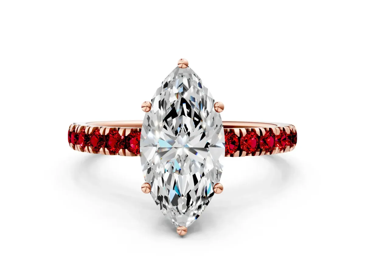 Marquise Cut Diamond Pave Band Solitaire Ring with Round Ruby and Prong Setting Rose gold