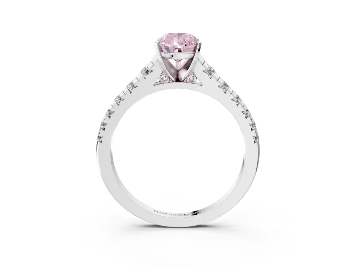 Fancy Pink Pear Cut Diamond Cathedral Solitaire Ring with Round Pavé Band Silver