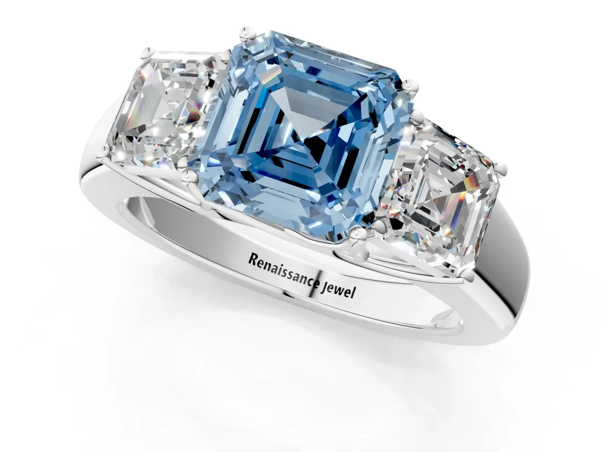 Fancy Blue Three-Stone Asscher Cut Cut Diamond Ring with Prong Setting and Classic Band Platinum
