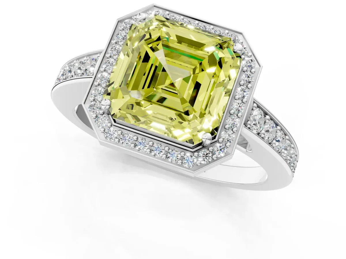 Fancy Yellow Asscher Cut Halo Pavé Diamond Engagement Ring with Bezel Setting Silver