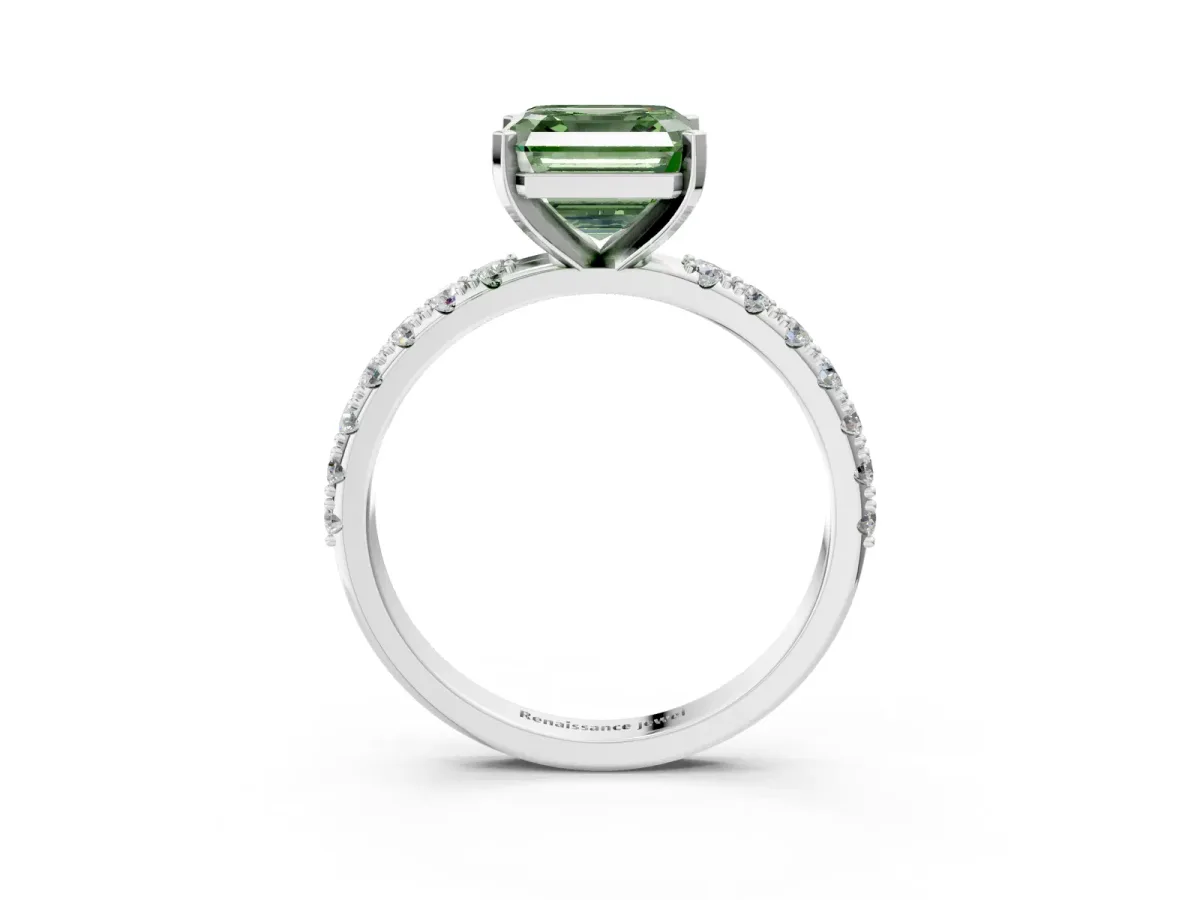Fancy Green Asscher Cut Diamond Solitaire Pavé Band with Four-Prong Setting Silver