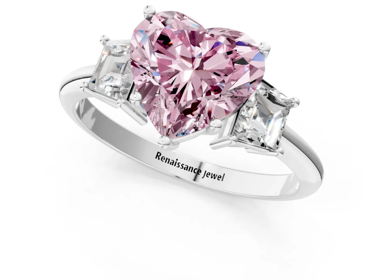 Fancy Pink Heart Cut Diamond Three-Stone Ring with Trapezoid Side Stones and Prong Setting Silver