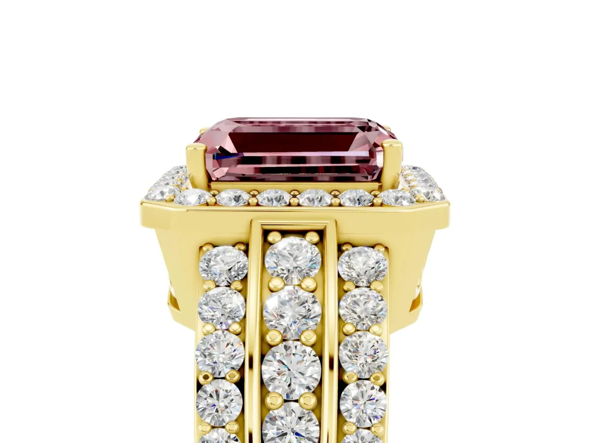 Emerald Cut Halo Morganite Ring with Round Split Shank and Prong Setting Yellow gold