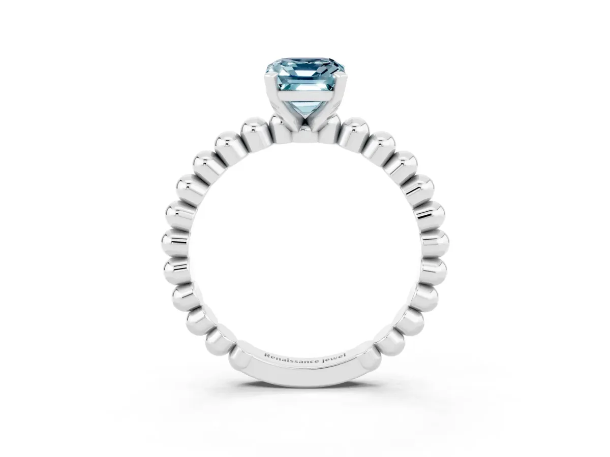 Emerald Cut Aquamarine Solitaire Ring with Beaded Band and Prong Setting Silver