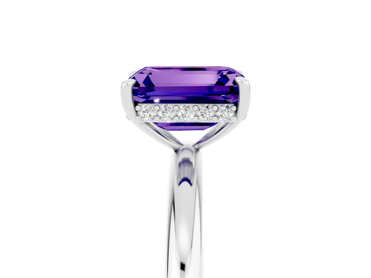 Emerald Cut Tanzanite Solitaire Ring with Thin Band and Four-Prong Setting Platinum