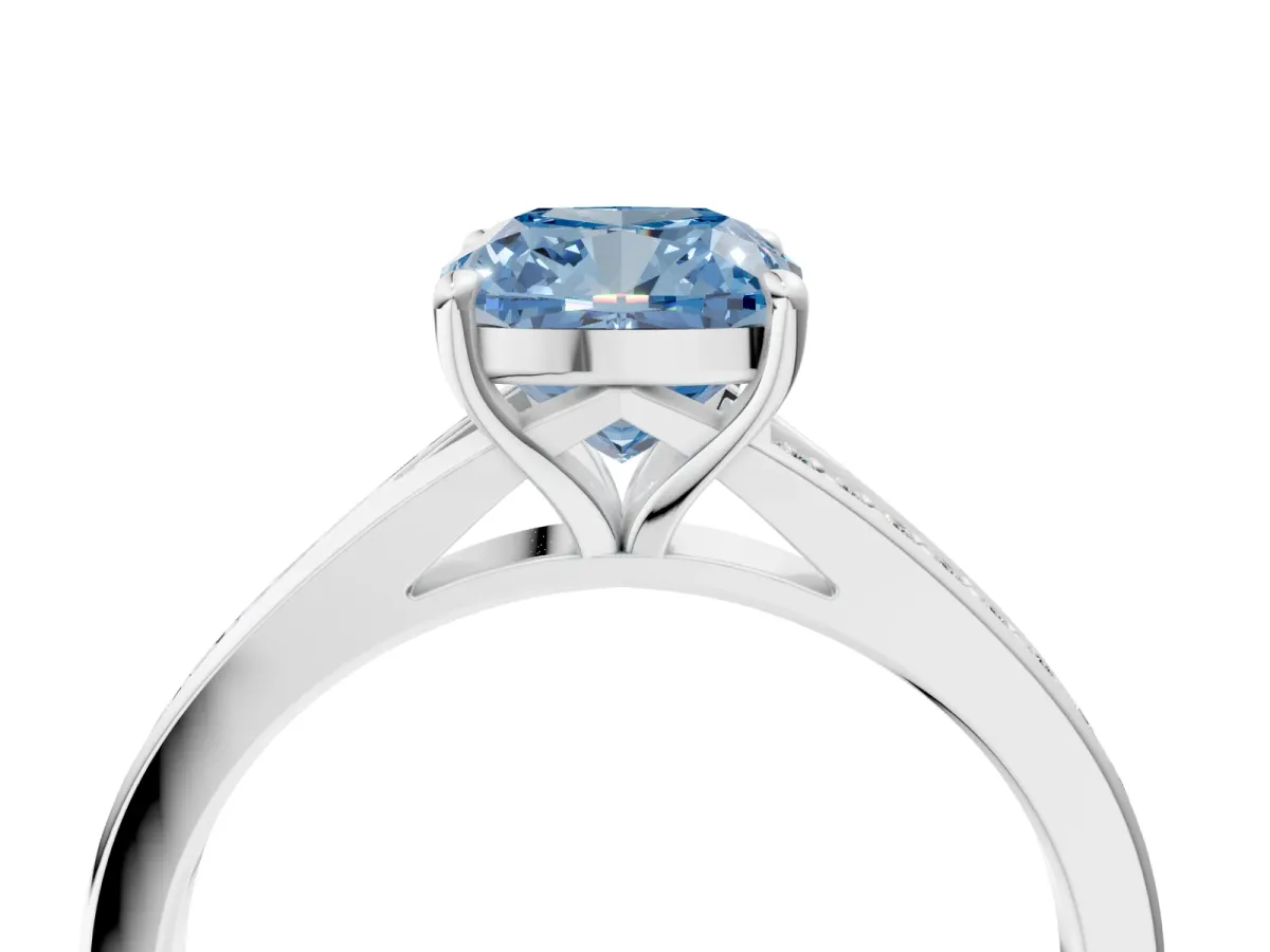 Fancy Blue Cushion Cut Diamond Solitaire Ring with Pavé Band and Prong Setting Silver