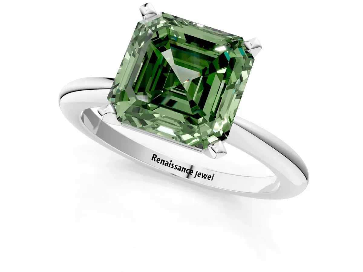 Fancy Green Asscher Cut Diamond Solitaire Ring with Six-Prong Setting and Classic Band Silver