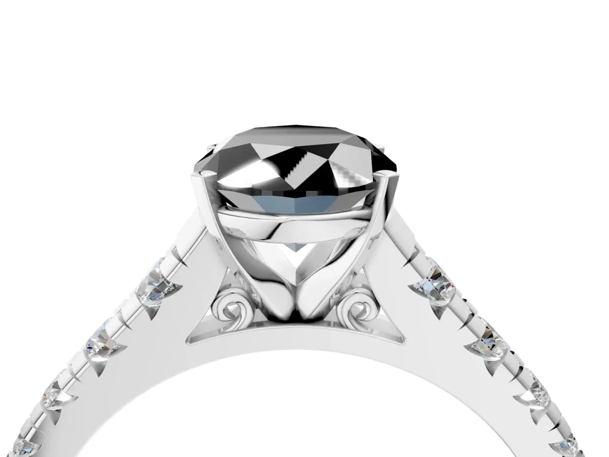 Fancy Black Oval Cut Diamond Cathedral Solitaire Ring with Round Pavé Band Silver
