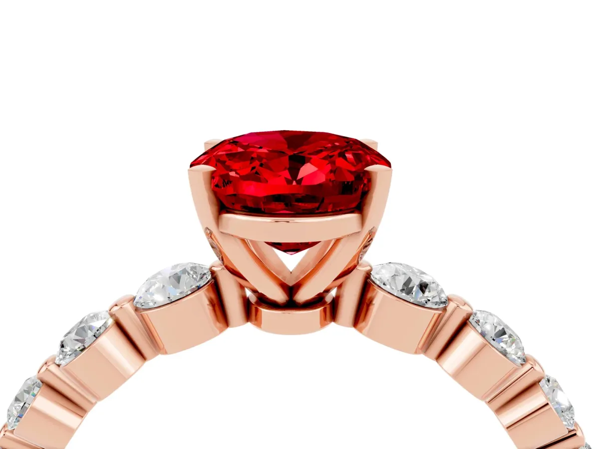 Oval Cut Solitaire Ruby Ring with Pave Band and Four-Prong Setting Rose gold