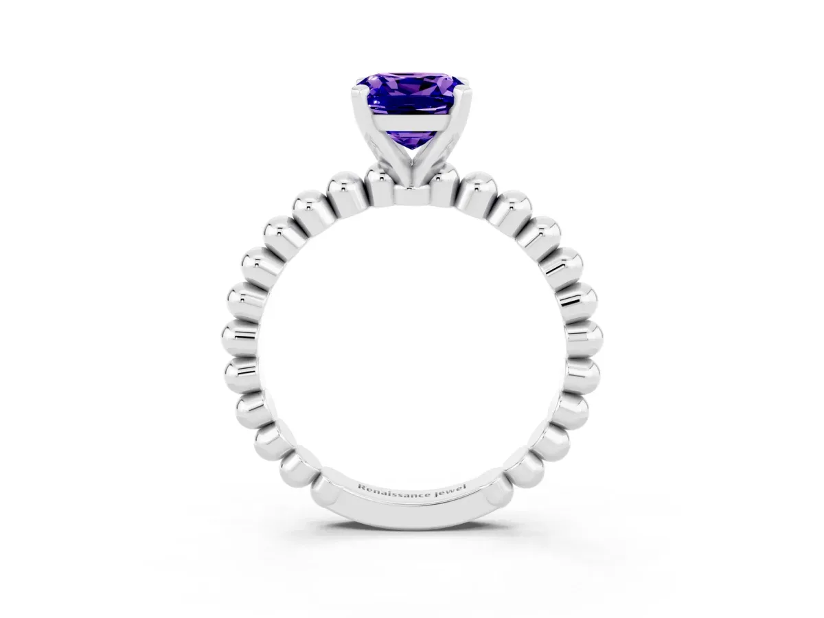 Cushion Cut Tanzanite Solitaire Ring with Beaded Band and Prong Setting Silver