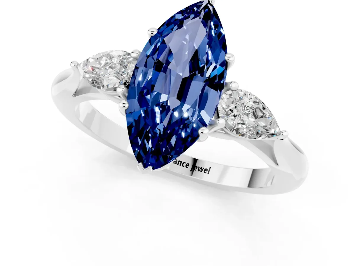 Marquise Cut Blue Sapphire Three-Stone Ring with Pear Side Stones and Prong Setting Silver