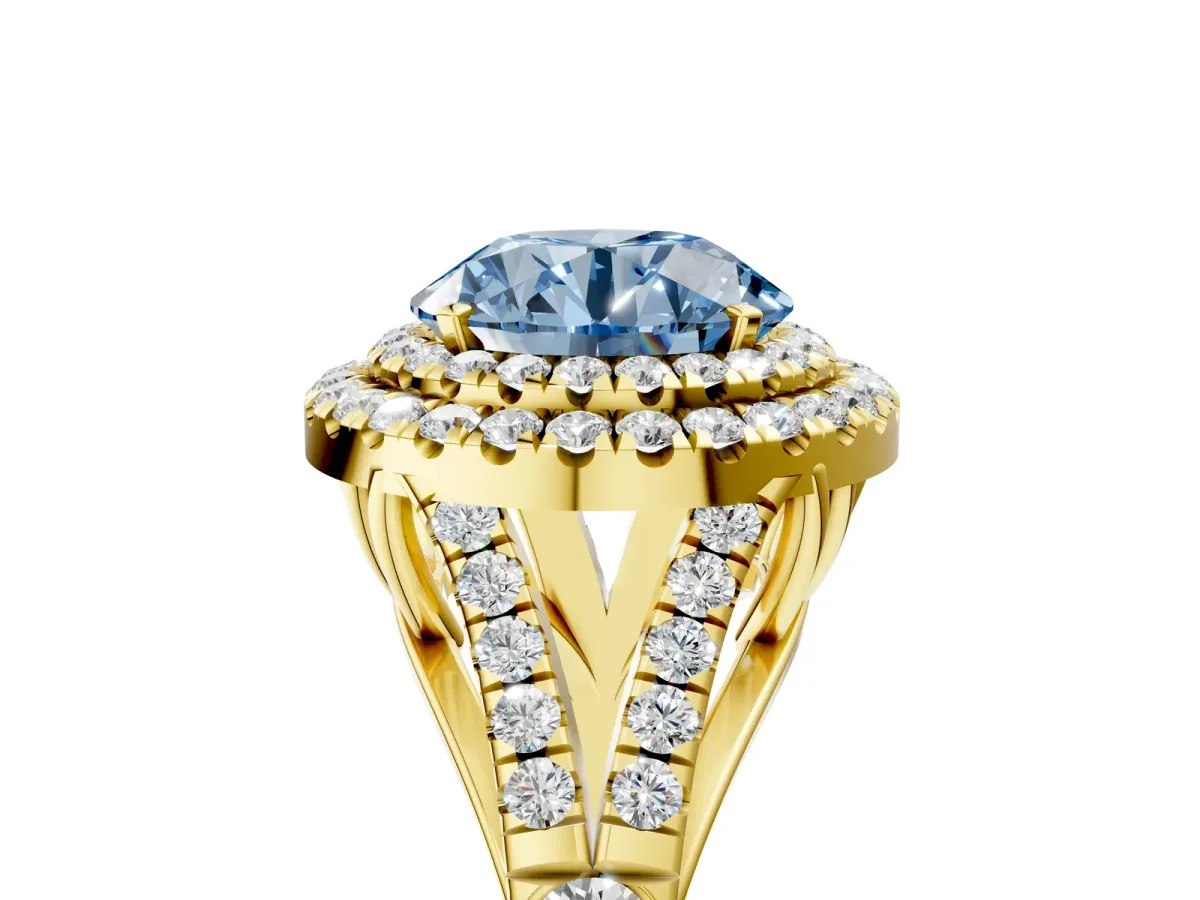 Fancy Blue Round Cut Diamond Double Halo Ring with Split Shank and Prong Setting Yellow gold