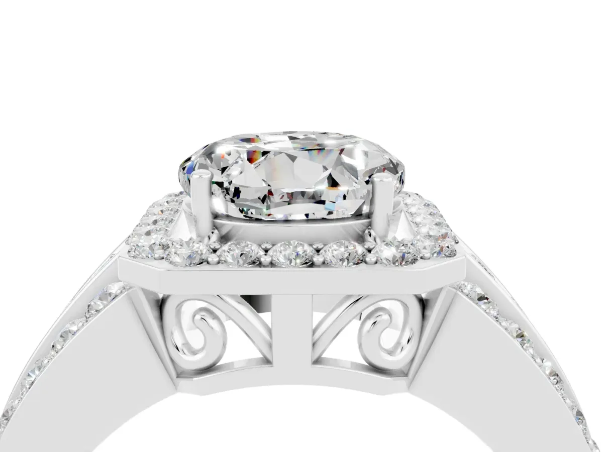 Round Cut Halo Moissanite Ring with Round Split Shank and Prong Setting Silver