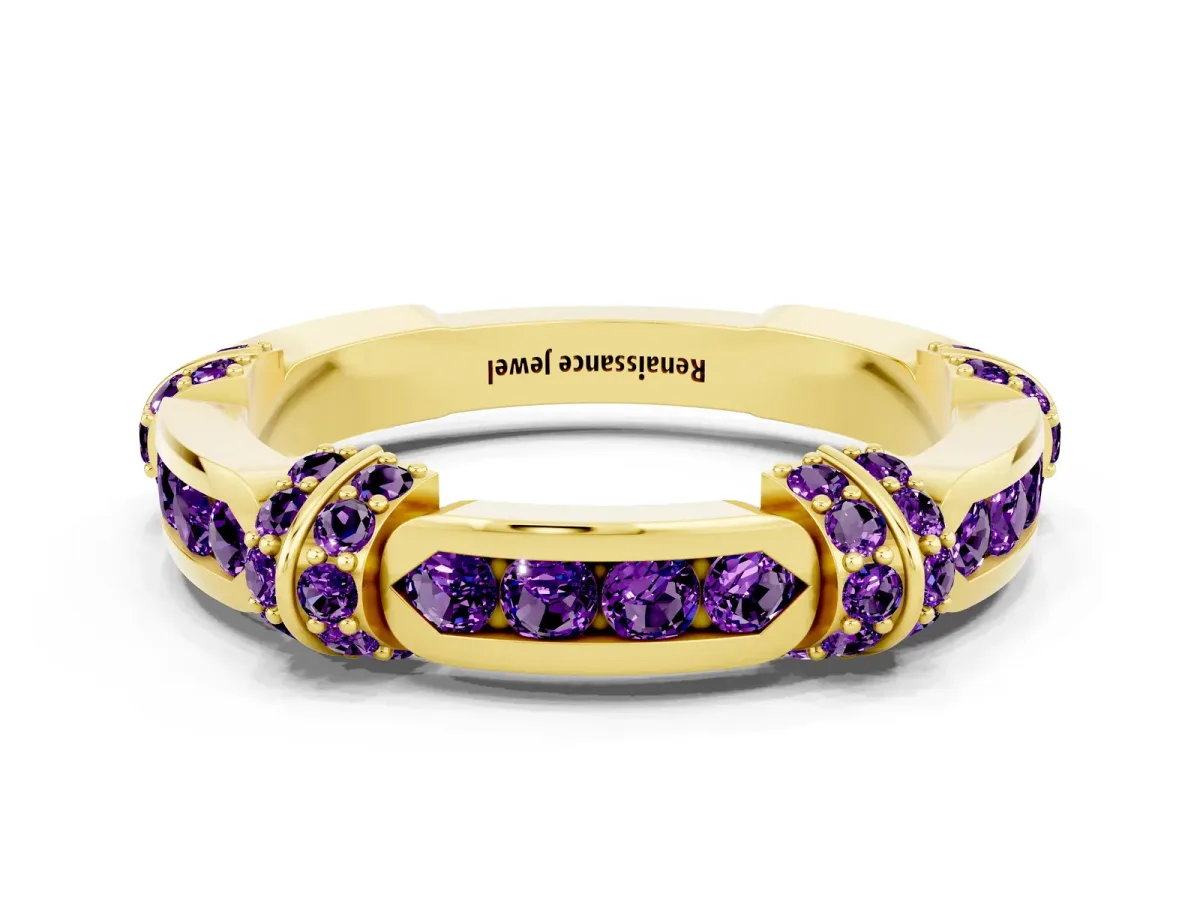 Pavé Round Amethyst Link Band with Bezel Setting Yellow gold