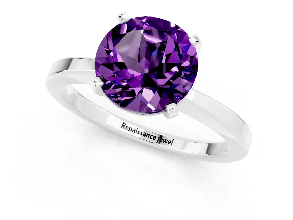 Round Cut Amethyst Solitaire Engagement Ring with Classic Band and Four-Prong Setting Silver