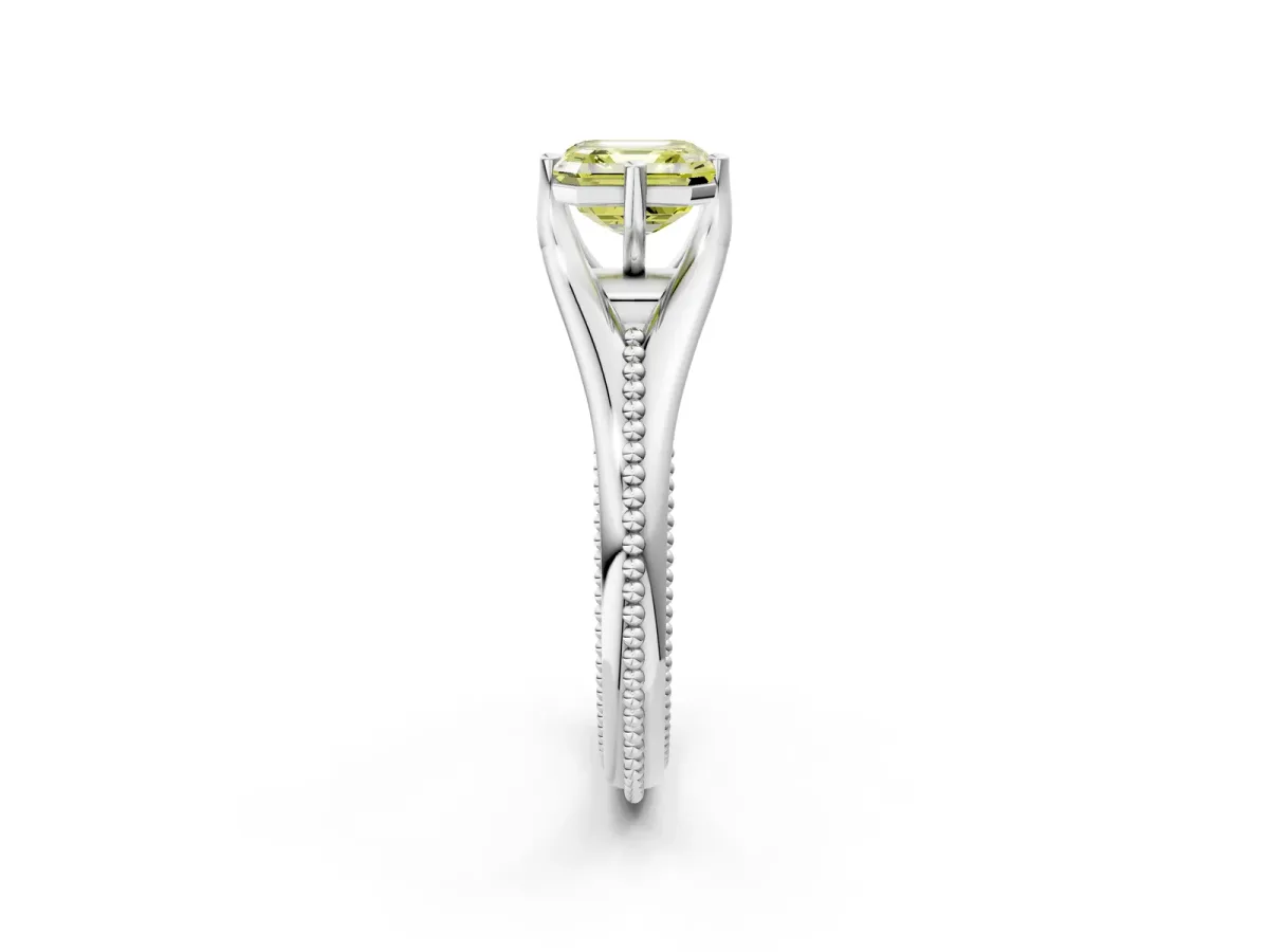 Fancy Yellow Asscher Cut Solitaire Beaded Band Six-Prong Setting Platinum