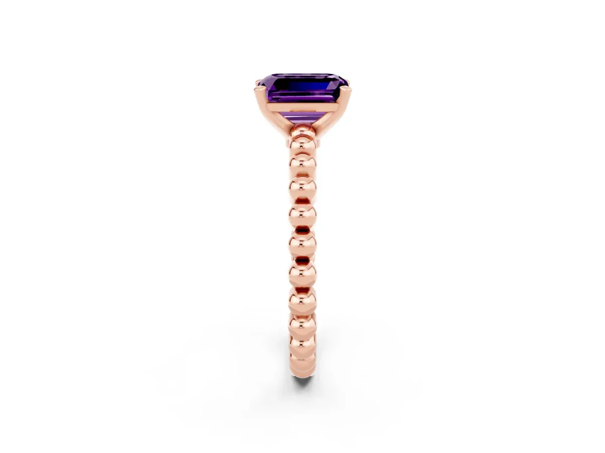 Emerald Cut Amethyst Solitaire Ring with Beaded Band and Prong Setting Rose gold